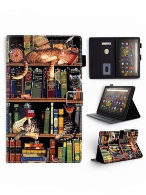 KINDLE Fire Case for HD 8 & HD 8 Plus Tablet, Bookshelf with Cats
